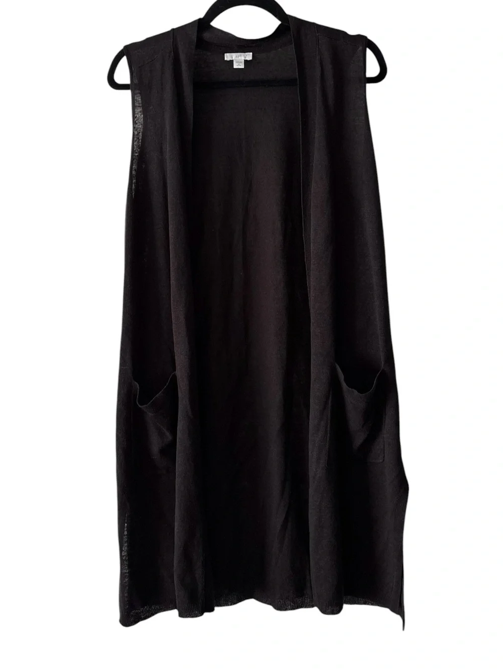 J Jill Linen Duster Vest Cardigan Pockets Long Black Open Front Knit M Petite